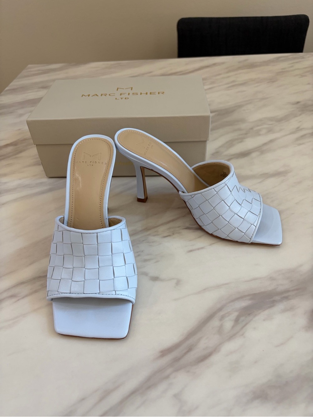 Marc Fisher White Woven Leather Square-Toe Heeled Mules